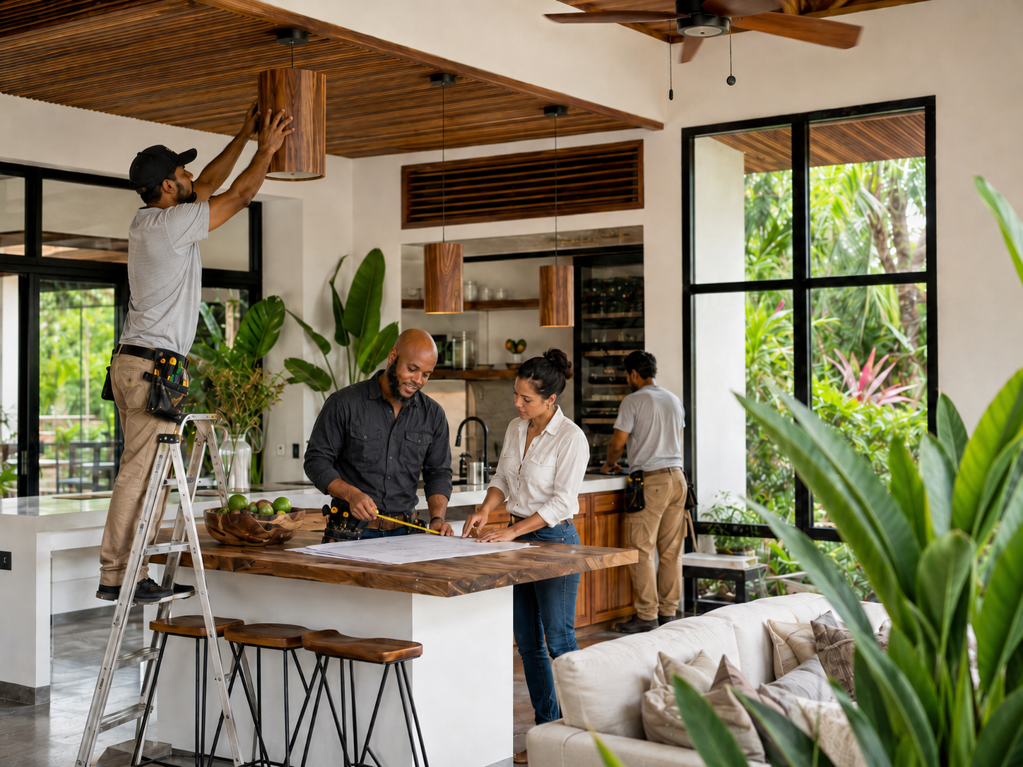 Interior renovation work inside a tropical Costa Rica home with wood ceiling details