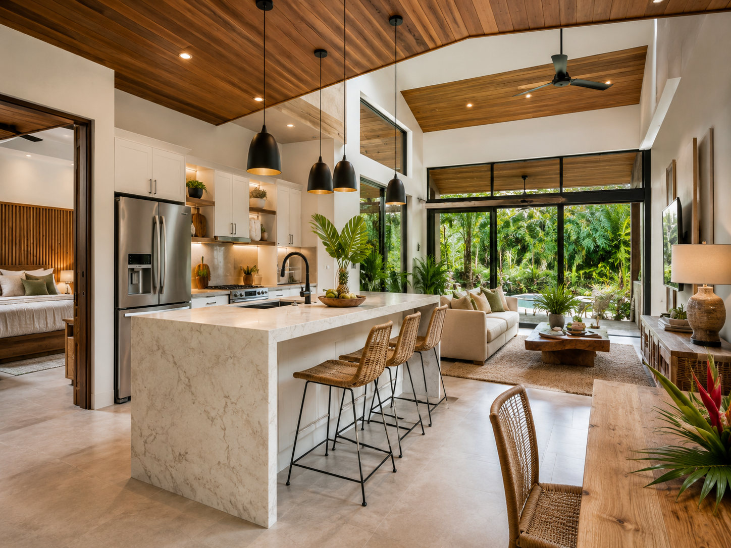 Renovated tropical kitchen and living space with warm wood ceilings and garden views