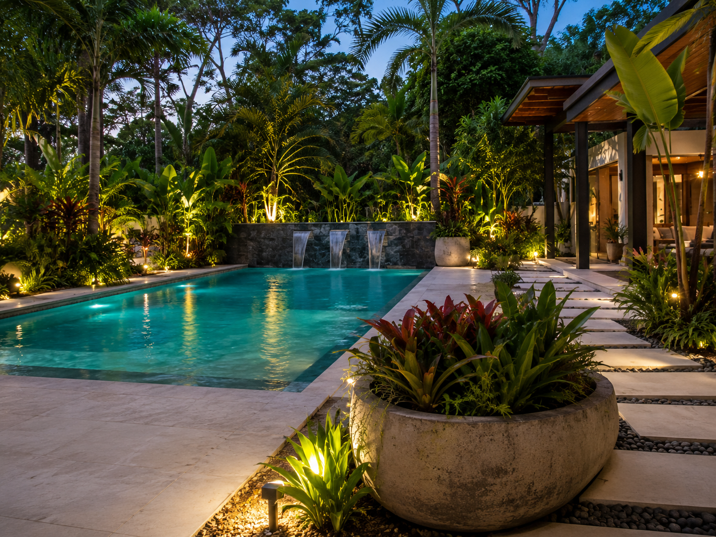 Pool and landscape enhancement with tropical lighting and resort style planting