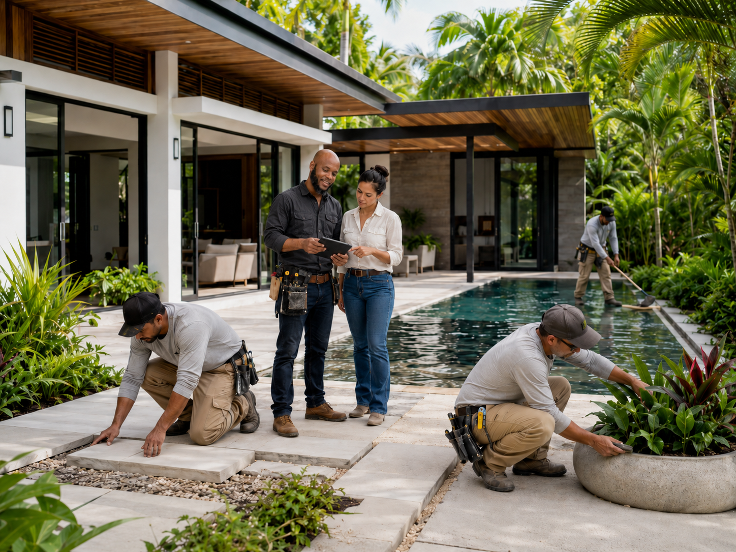 Renovation crew refreshing a tropical Costa Rica pool courtyard and landscape