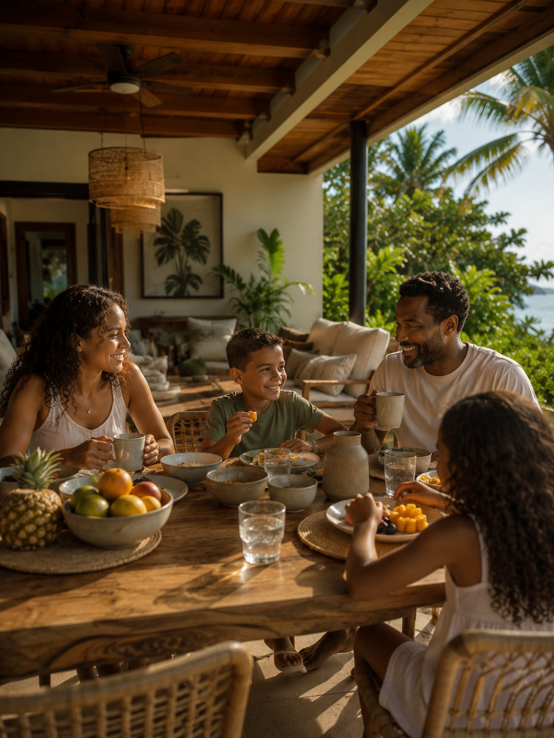 Builder and buyers reviewing Costa Rica custom home plans on a tropical patio