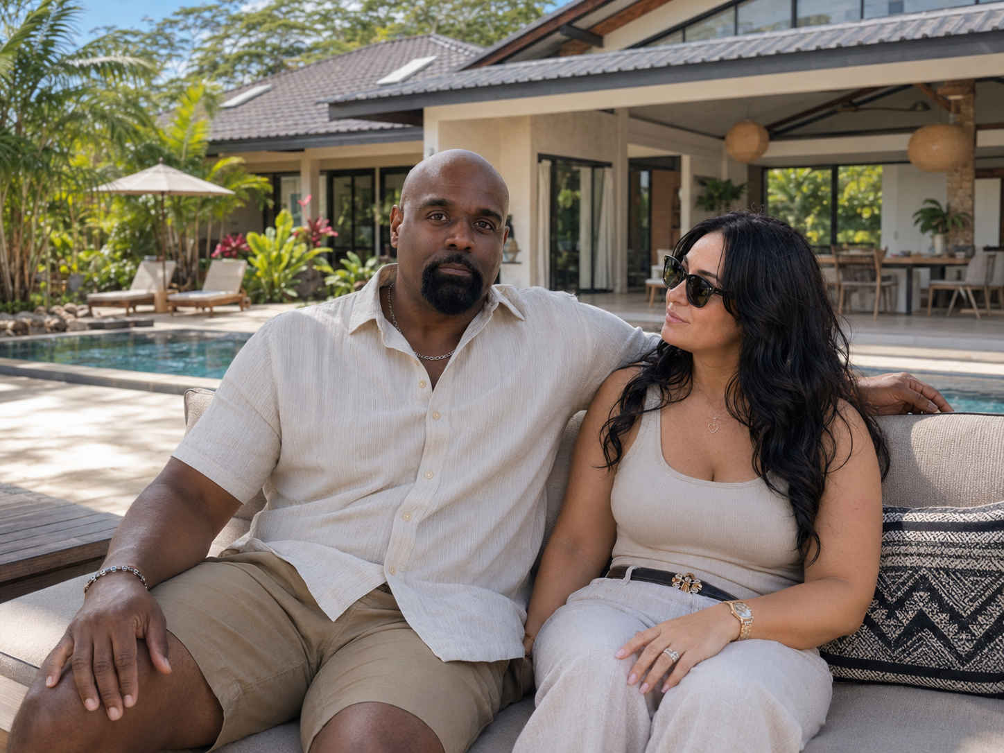Couple relaxing at a Costa Rica custom home with pool and tropical landscaping