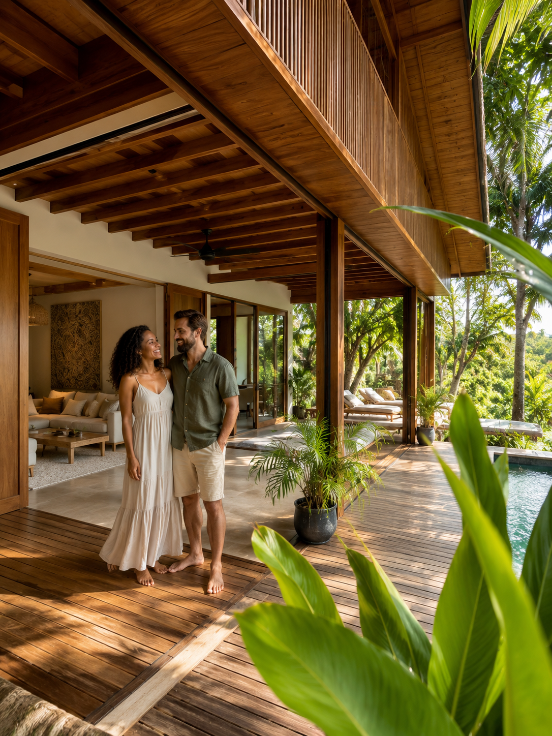 Couple standing on a tropical Costa Rica home deck with pool and indoor outdoor living space