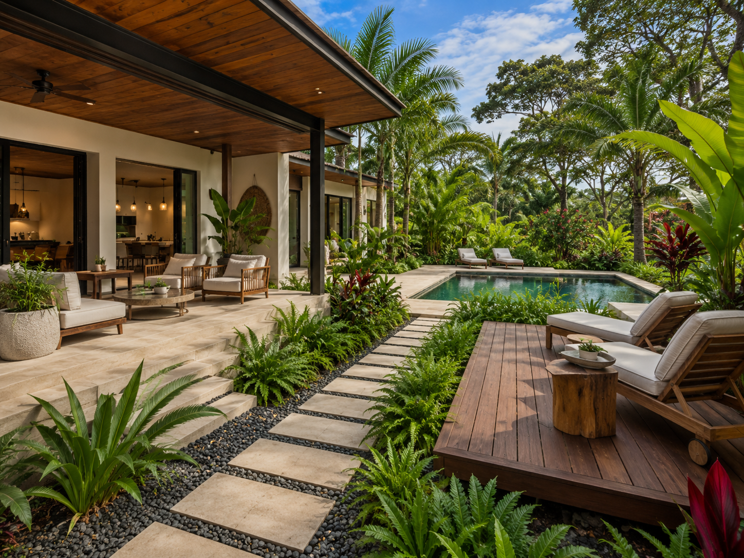Outdoor living transformation with terrace, pool, lounge seating, and tropical landscaping